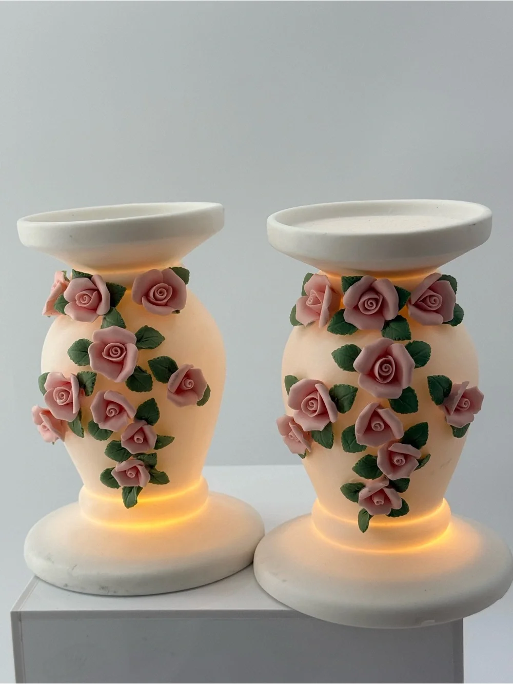 Pink Rose Ceramic Candle Holders — Pair